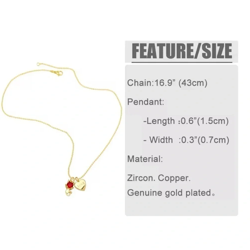 18K Gold Plated Cat & Heart “Love” Pendant Necklace With Red Gemstone Accent
